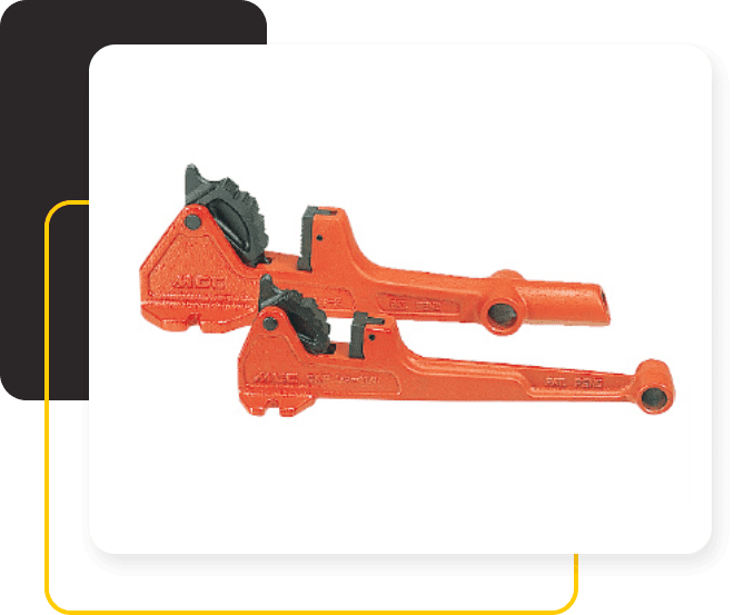 A pair of orange pipe cutters sitting on top of each other.